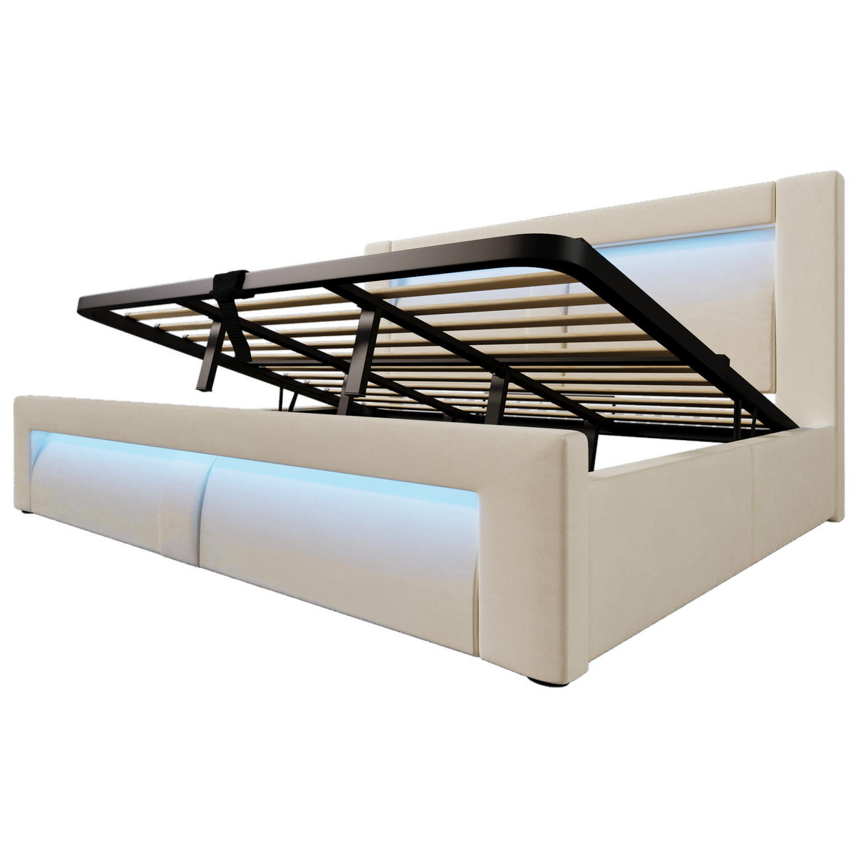 ČALOUNĚNÁ postel ze sametu 180x200 cm béžová s LED, USB a Type-C, hydraulickým úložným prostorem - béžová, textil (180/200cm) - Modfu