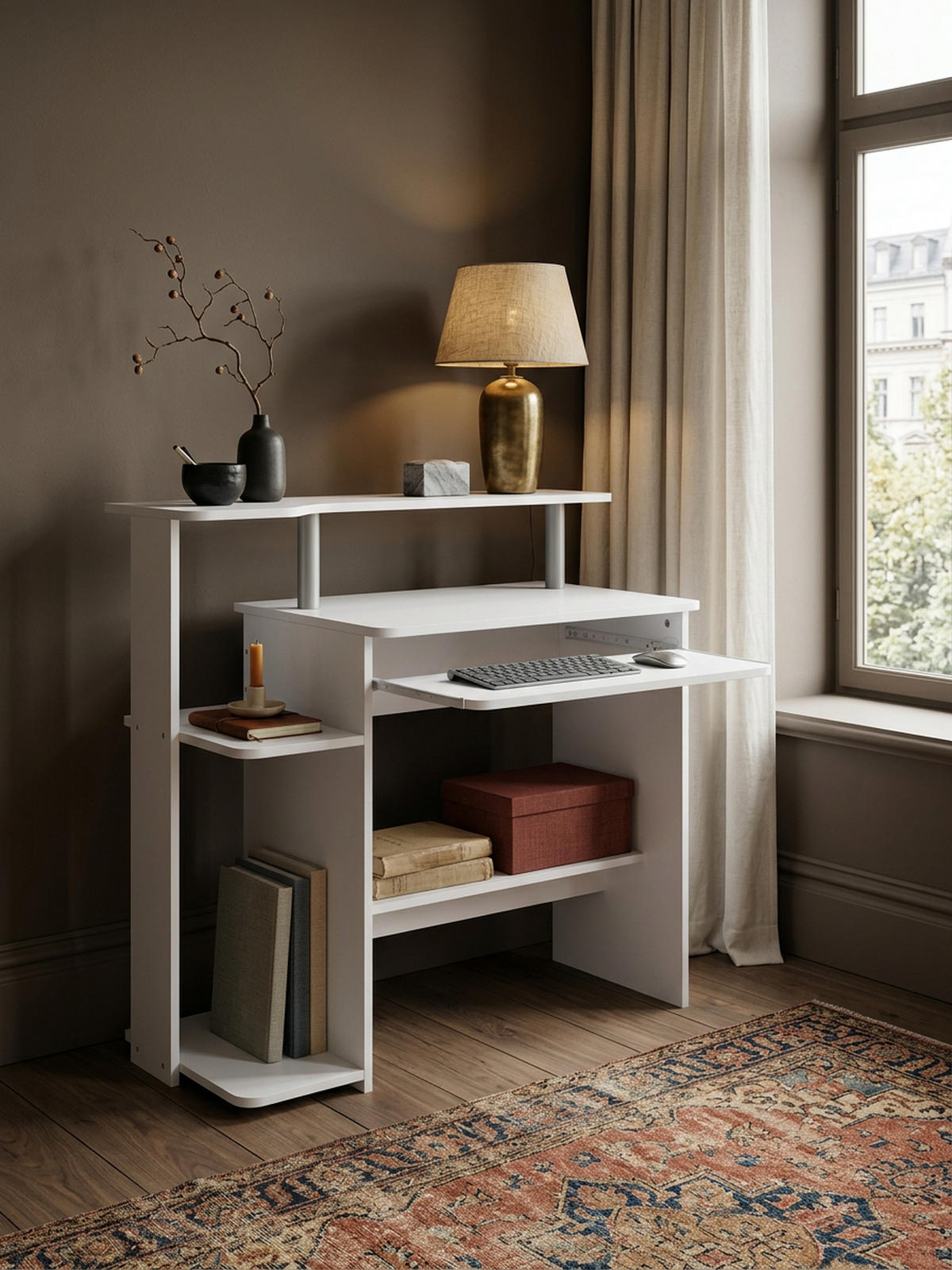 SCHREIBTISCH – Weiß, Tastaturauszug, Stauraum, zeitloses Design - Weiß, Holz (48/94/90cm) - KADIMA DESIGN