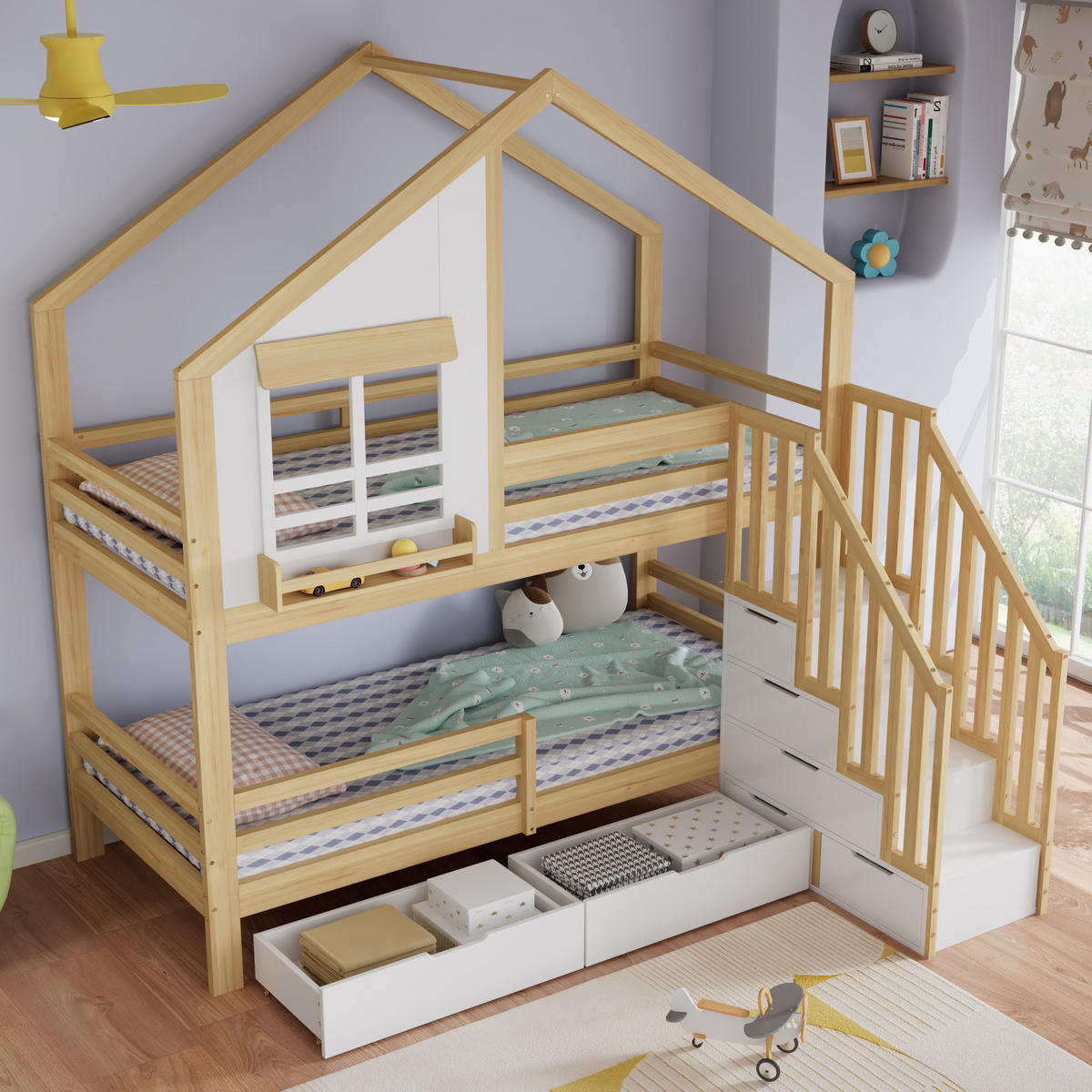 ETAGENBETT 90/200 cm in Weiß & Natur mit Stauraumtreppe und Schubladen - Naturfarben/Weiß, Holz/Holzwerkstoff (90/200cm) - WISHDOR