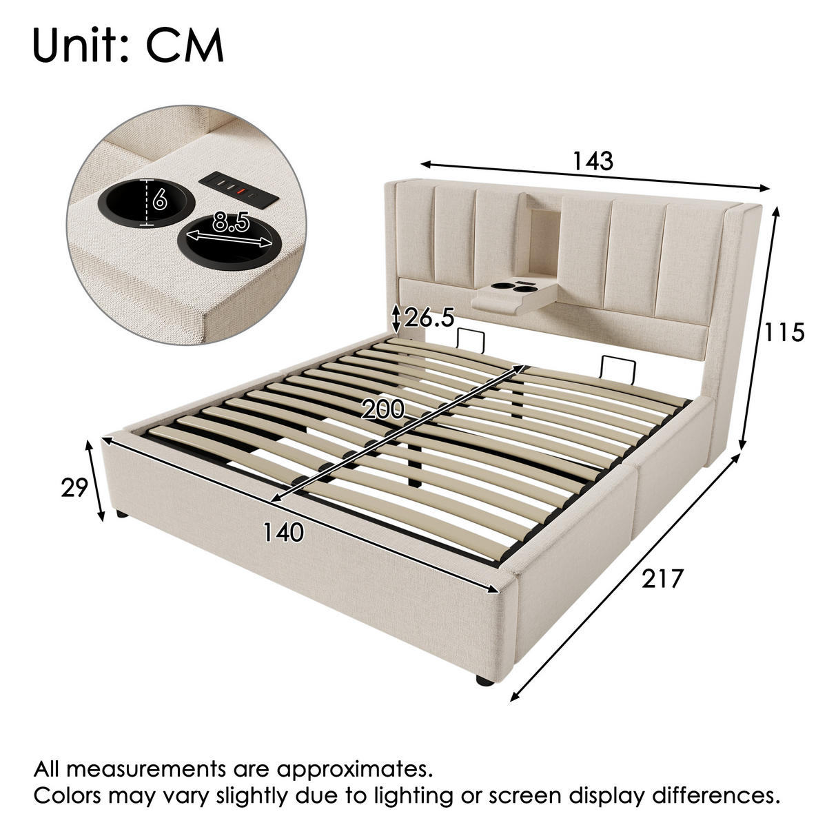 POLSTERBETT 140/200 cm mit Ladestation, verstecktem Becherhalter und hydraulischem Stauraum, Beige - Beige, Textil (140/200cm) - Redom