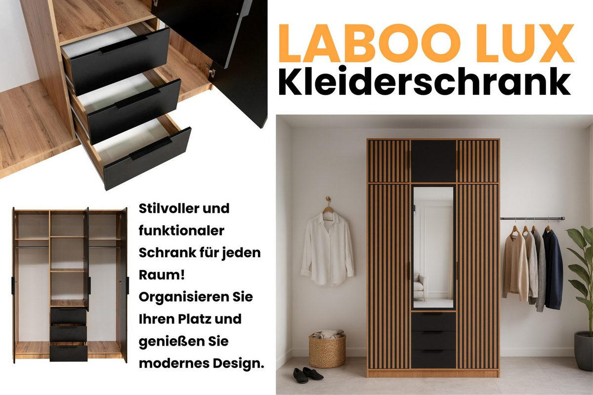 DREHTÜRENSCHRANK LABOO LUX 196/200/58 cm in Eiche Wotan / Schwarz mit Lamellen und Aufsatz - Eiche Wotan/Schwarz, Holzwerkstoff (196/245/58cm) - Deine Möbel 24
