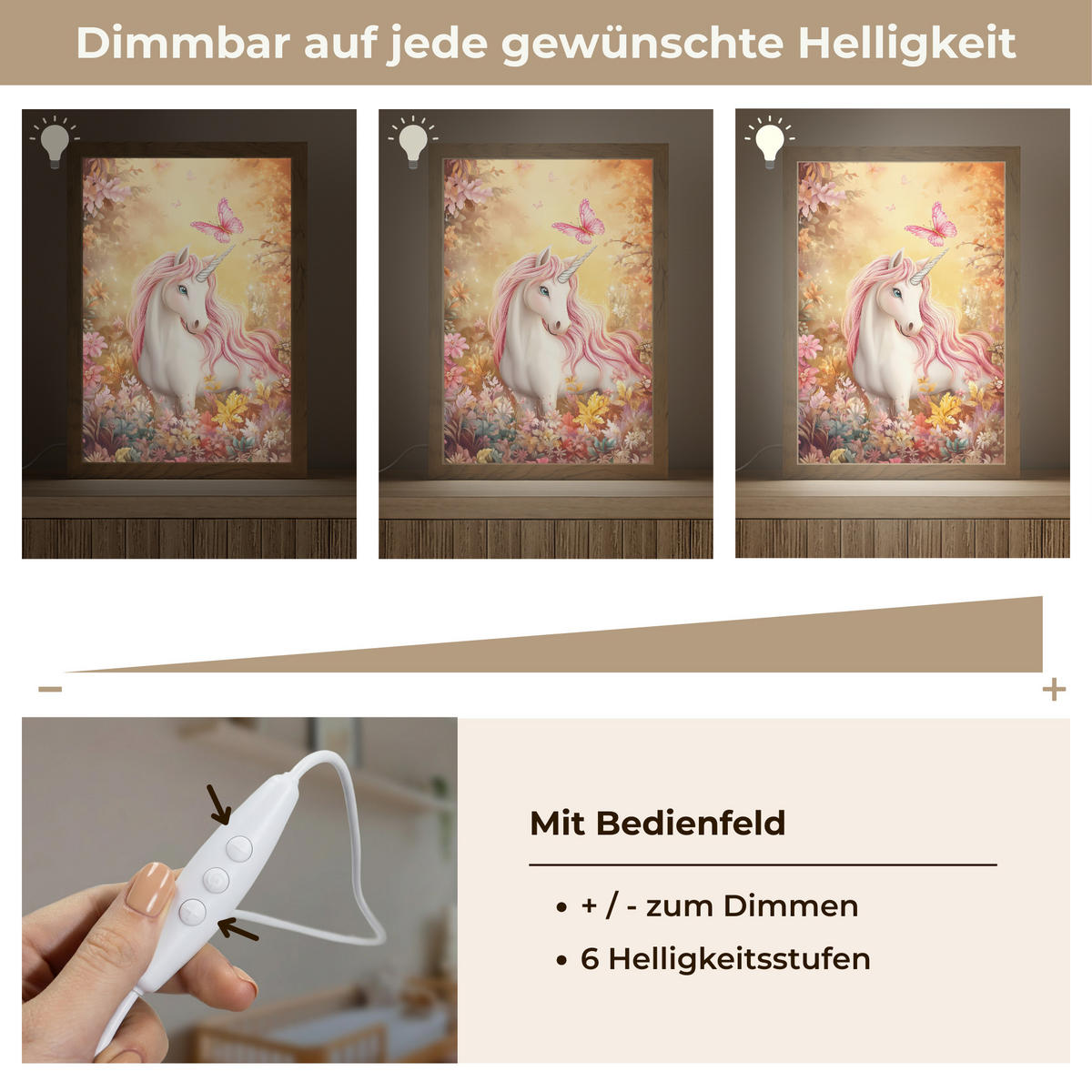 NACHTTISCHLAMPE Einhorn - Blumen - Schmetterling - Rosa 20x30 cm - Beige, Holzwerkstoff (8/20/30cm)