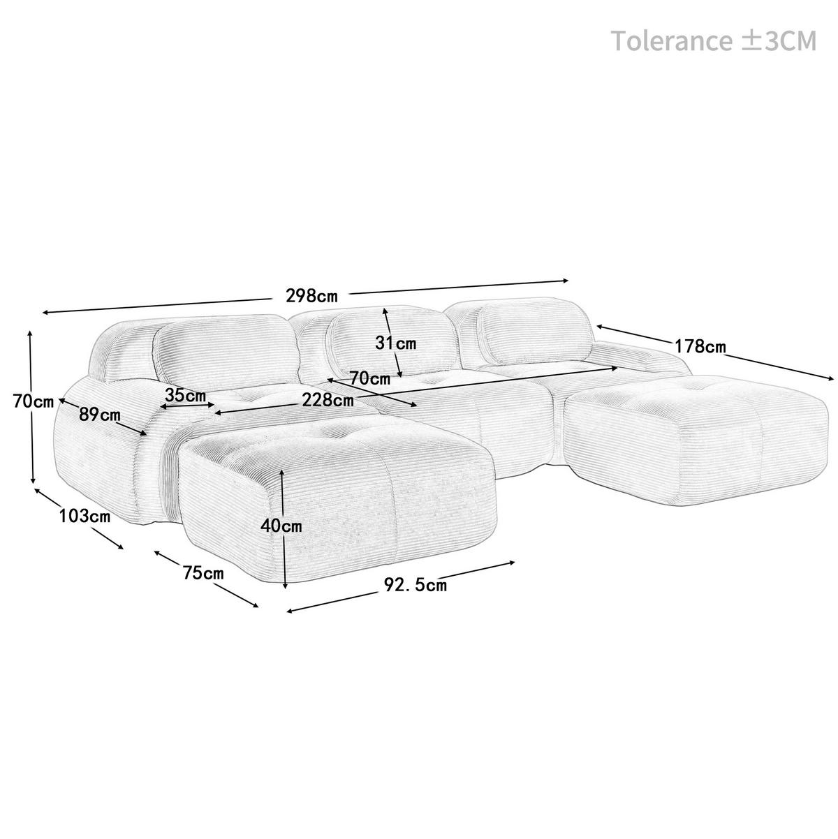 ECKSOFA 298/178/70 cm schwarz aus Cordstoff modular, rahmenlos und montagefrei - Schwarz, Textil (178/298cm) - OKWISH