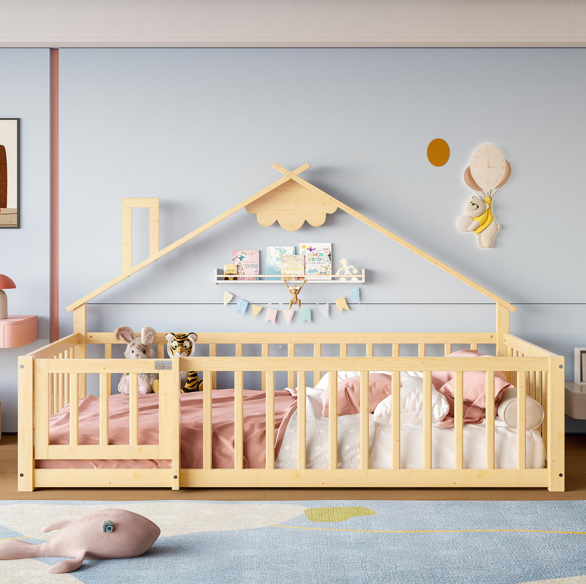 POLSTERBETT aus Kiefer und MDF 90x190 cm Natur mit Hausrahmen und Sicherheitsgeländer mit Schloss - Naturfarben, Holzwerkstoff (90/190cm) - Modfu