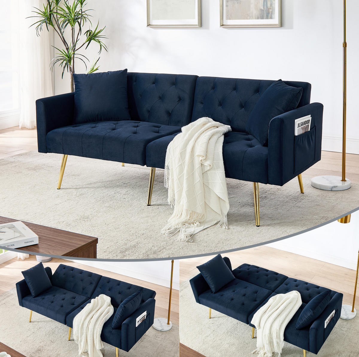 SOFA 2-Sitzer mit 3-fach verstellbarer Rückenlehne Blau Samt - Blau, Holzwerkstoff (177/74/78cm) - Meubliv