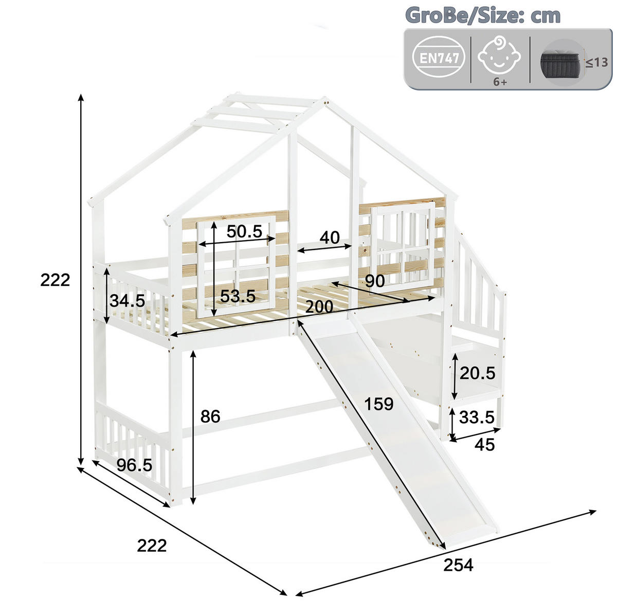 ETAGENBETT mit Rutsche und Treppe 90x200 cm Weiß und Natur - Weiß, Holzwerkstoff (90/200cm) - Beauniv