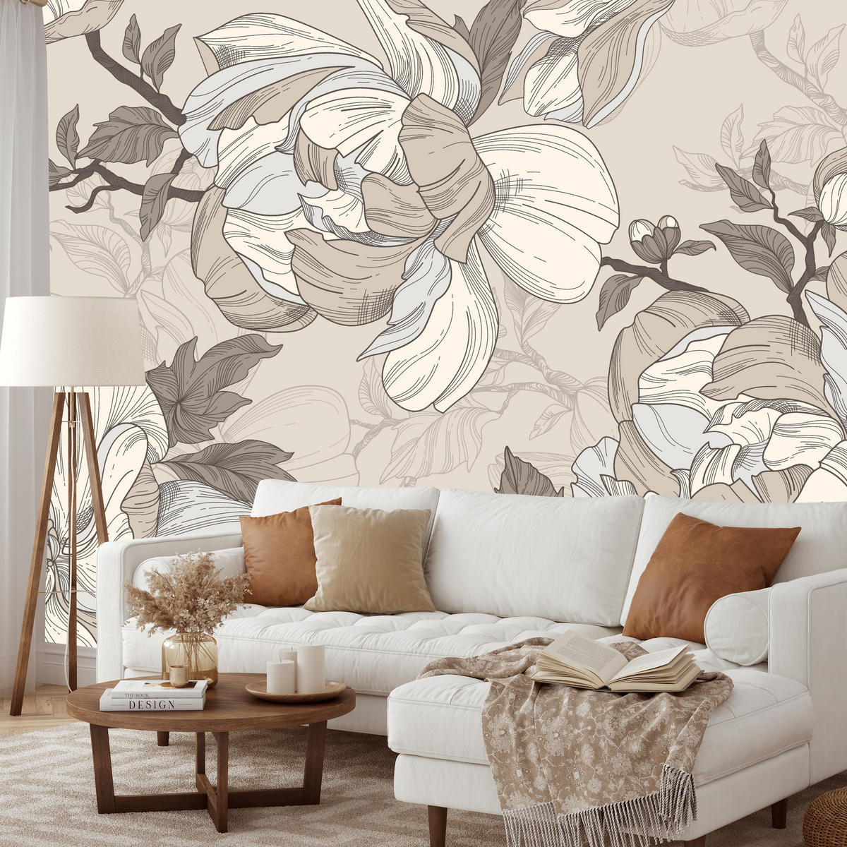 FOTOTAPETE für Wohnzimmer Natur Große Blüten Blätter Pflanzen 150x105 - Beige/Creme, Papier (150/105cm) - Muralo