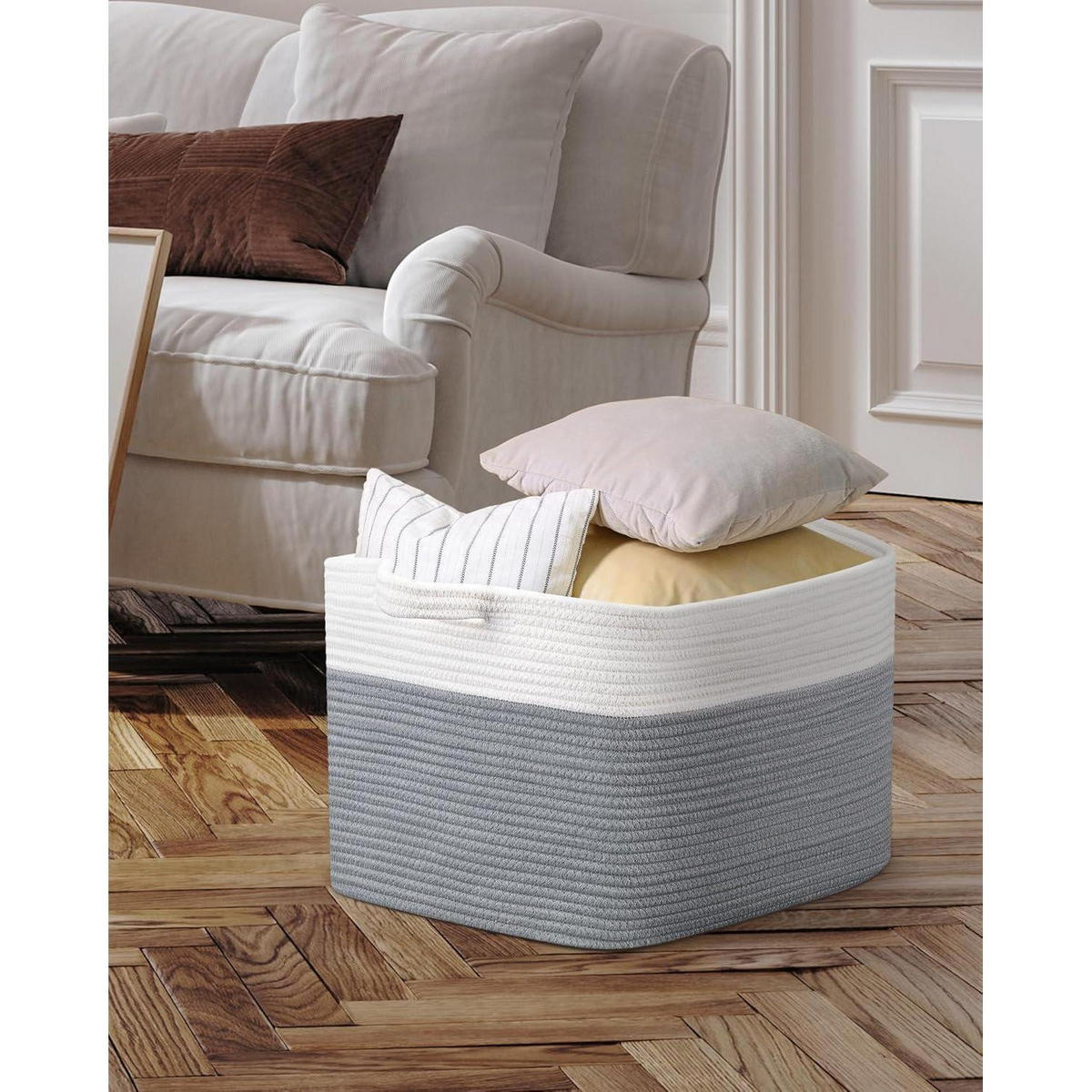 WÄSCHEKORB 2-teiliges Set Baumwolle 63 L Weiß & Grau - Multicolor, Textil (38/30/55cm)