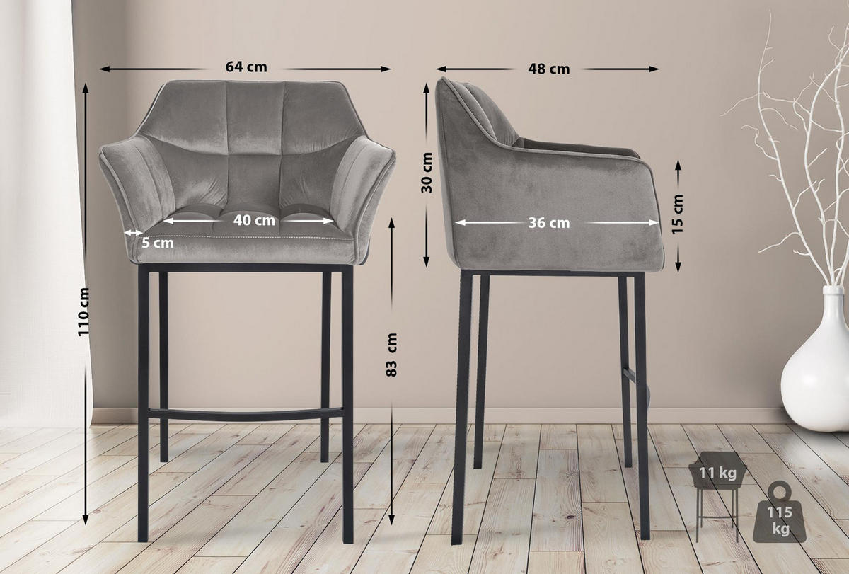 BARHOCKER Damaskus Samt mit 4-Fuß Gestell grau - Schwarz/Grau, Textil/Metall (64/110/48cm) - TPFLiving