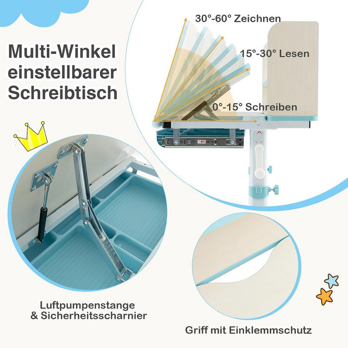 KINDERSCHREIBTISCH Höhenverstellbarer blau - Blau, Metall (80/81.5/51cm) - COSTWAY