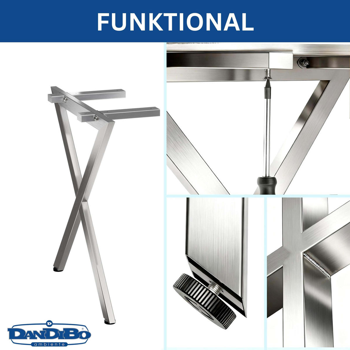 TISCHEBEINE Edelstahl 72 x 68 cm Tischgestell Höhenverstellbar 96678 Tischfüße Möbelfüße - Edelstahlfarben, Metall (68/72/5cm) - DanDiBo