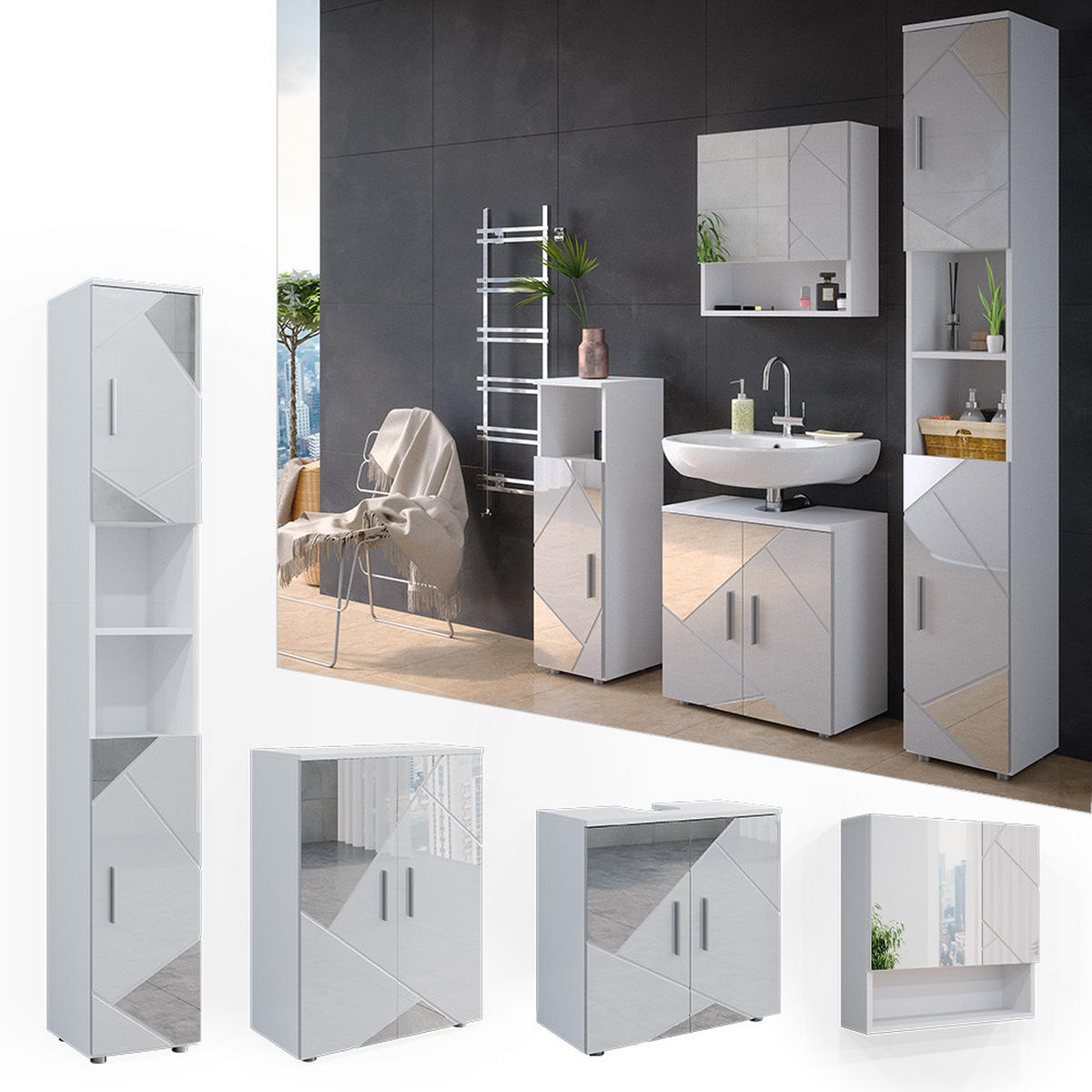 BADMÖBEL-SET Irma Weiß 4 Teile, mit Hochschrank und Kommode - Weiß Hochglanz/Weiß, Holzwerkstoff (80/58.6/41cm) - Vicco
