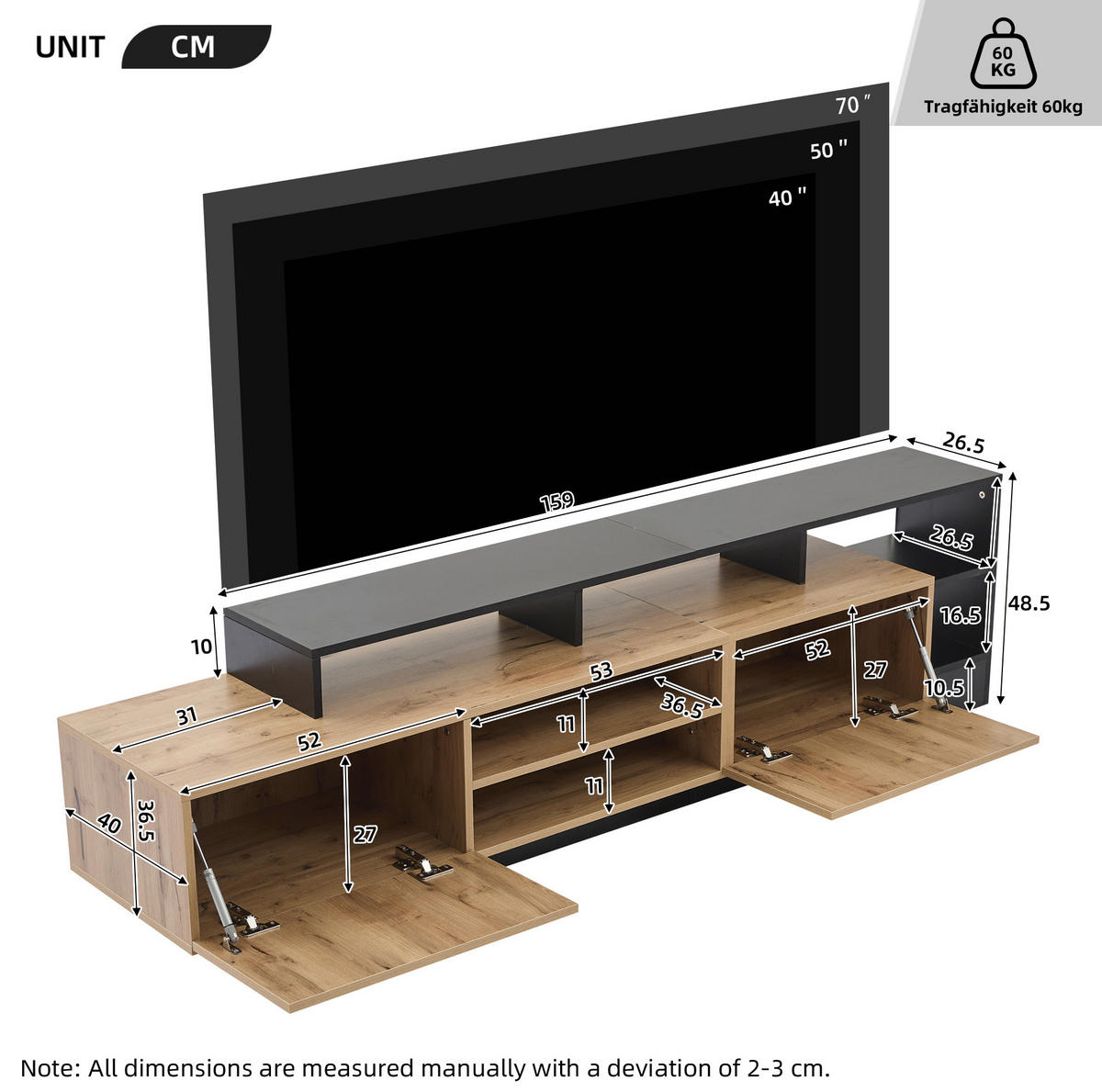 LOWBOARD 190/40/48,5 cm aus Spanplatte mit LED-Beleuchtung Eichefarben/Schwarz - Schwarz, Holzwerkstoff (190/48.5/40cm) - Modenvie