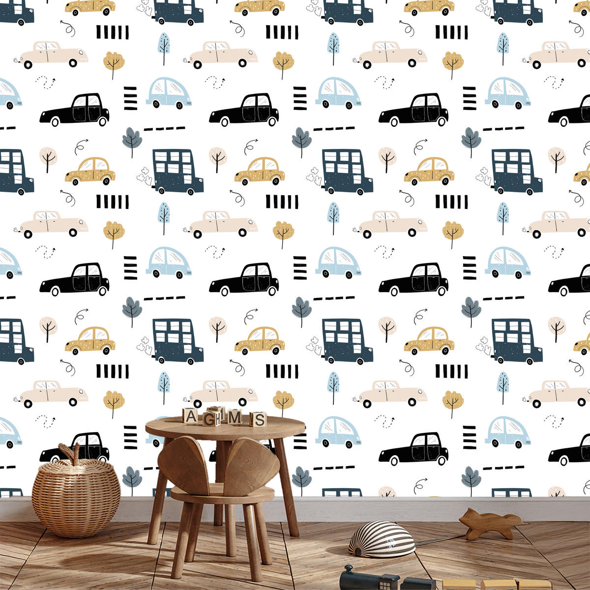VLIESTAPETE Pastellautos und Bäume – Blau, Beige, Weiß – 50x1000 cm - Blau/Beige, Papier (50/1000cm) - Muralo