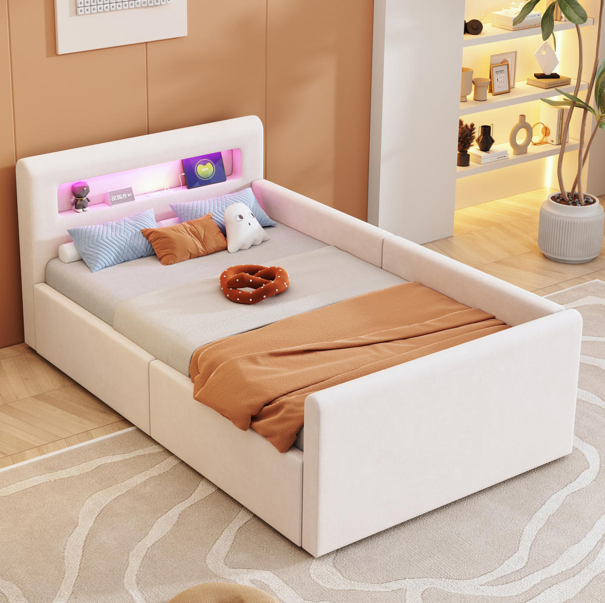 SAMT-POLSTERBETT 90/200 cm in Beige mit LED-Beleuchtung, USB und Bettkasten - Beige, Textil (90/200cm) - BEAOK