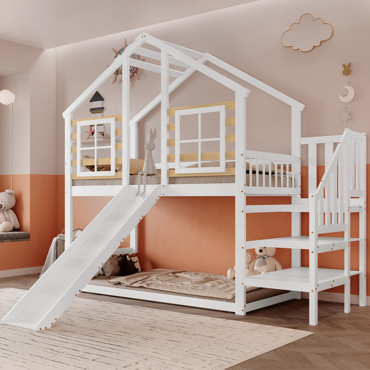 ETAGENBETT aus Massivholz und MDF 90x200 cm Weiß/Natur mit Rutsche, Treppe und Absturzsicherung - Weiß, Holzwerkstoff (90/200cm) - IVMEU