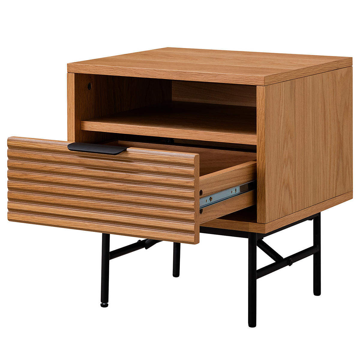 NACHTKOMMODE - Echtholzfurnier / Metall - Eichefarben/Schwarz, Holzwerkstoff/Metall (45/50/40cm) - home24