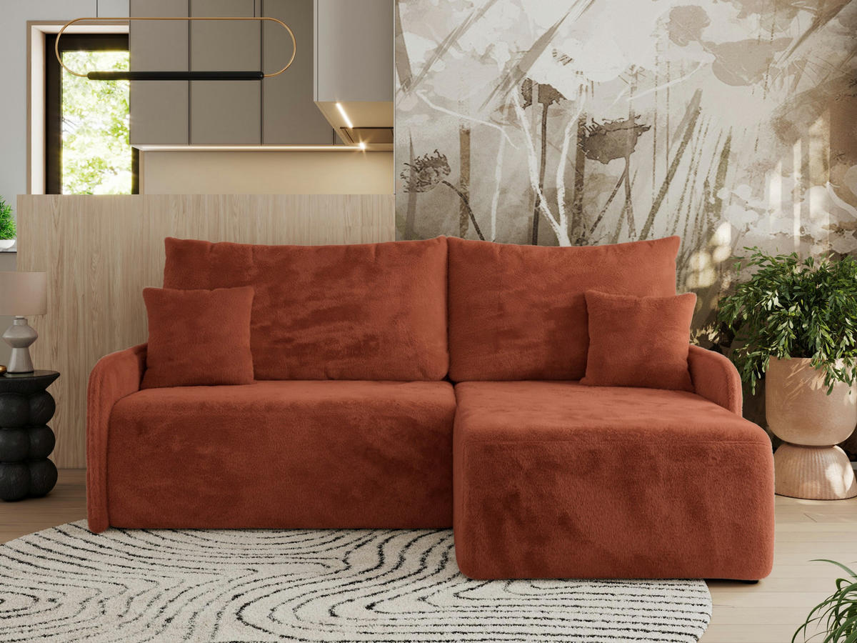 ECKSCHLAFSOFA ARPA L Orange Plüsch - rechts - Schwarz/Orange, Kunststoff/Textil (150/198cm) - MKS