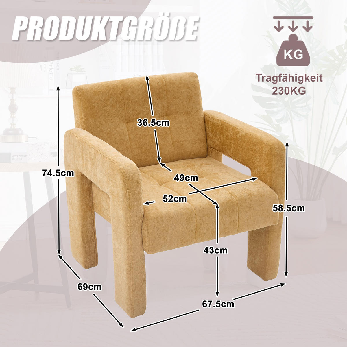 SESSEL Einzelner Sessel,dicke Polsterung,Chenille,Gelb - Gelb, Textil (67.5/74.5/69cm) - LVHOM