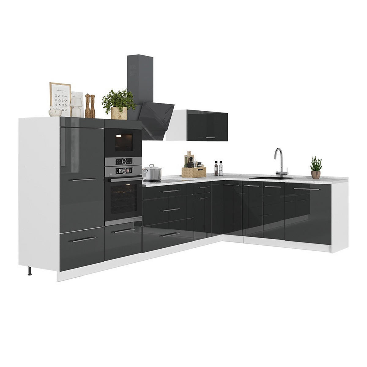 KUHINJA V OBLIKI ČRKE L Fame-Line, Antracit z visokim sijajem/Bela, 347 x 207 cm brez delovne plošče - bela/antracit, leseni material (347/153.6/51.6cm) - Vicco