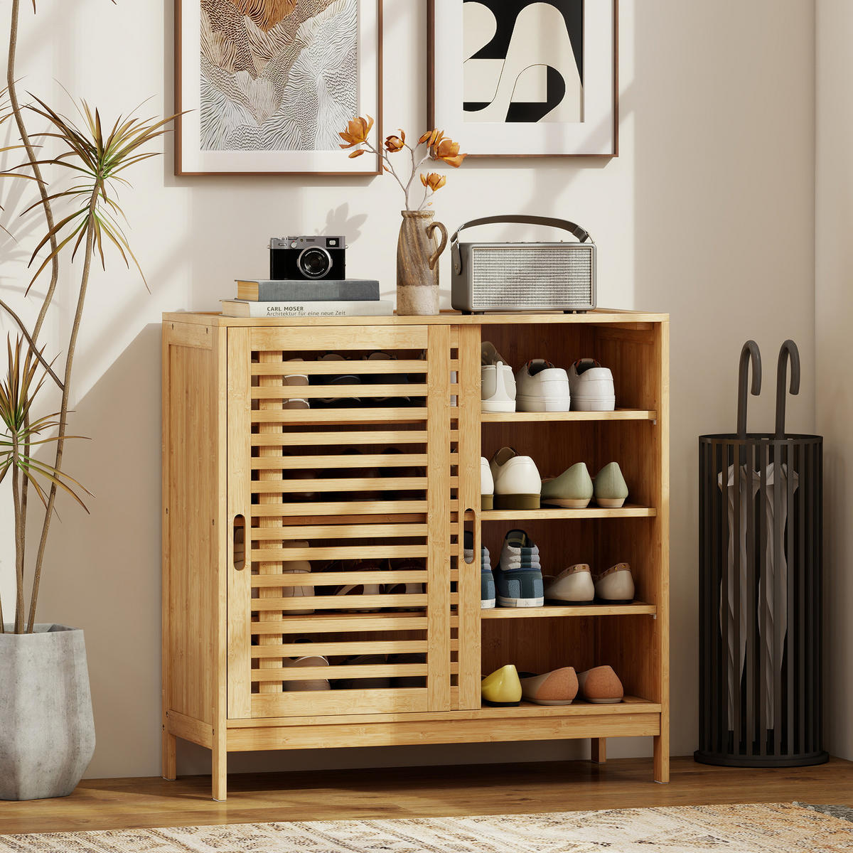 SCHUHSCHRANK Natur Bambus mit Türen Stauraum 1 Stück - Naturfarben, Holz (80/80/35cm) - PANGIVO