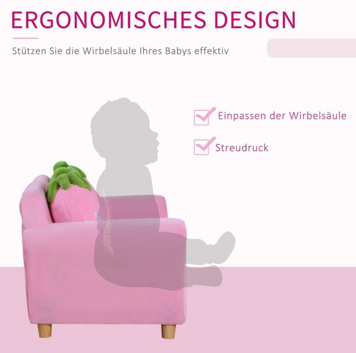 KINDERSOFA mit Holzgestell, Schaumstoffpolster, Erdbeer-Kissen 90/53/48 cm Pink - Pink, Holz (53/48/90cm) - Redom