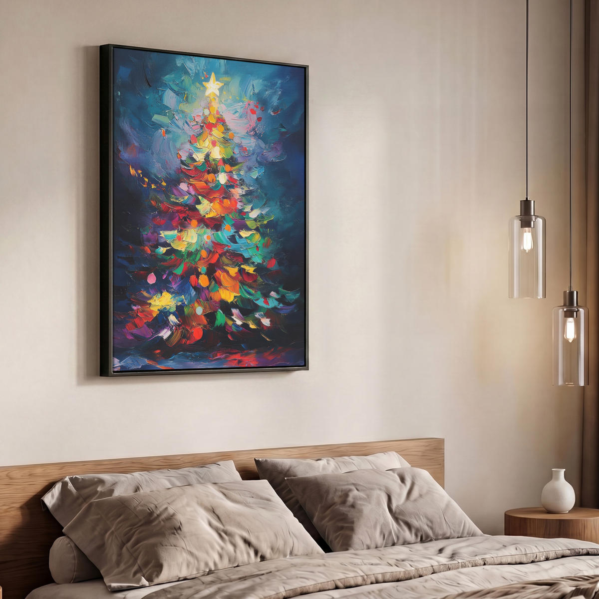 LEINWAND Bilder mit Rahmen - Weihnachtsbaum - Weihnachten - Abstrakt - Farbenfroh - 70x100 - Multicolor, Textil (70/100cm) - MuchoWow