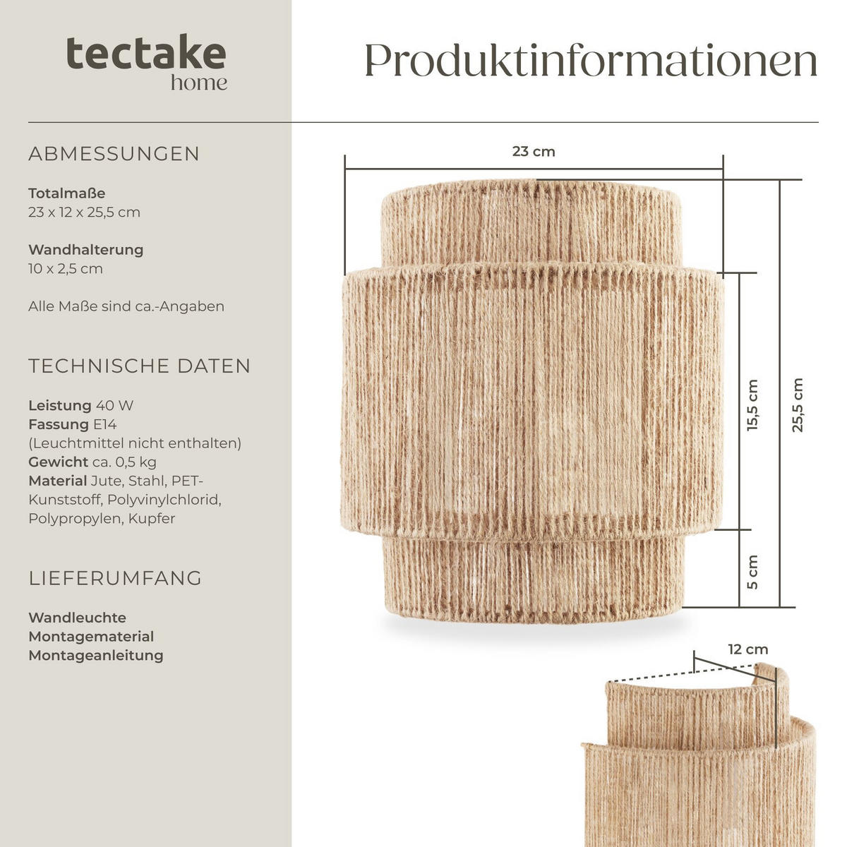 WANDLEUCHTE Lignea Lux aus Jute, 23 x 12 x 25,5 cm, natur - Naturfarben, Metall (23/25.5/12cm) - tectake