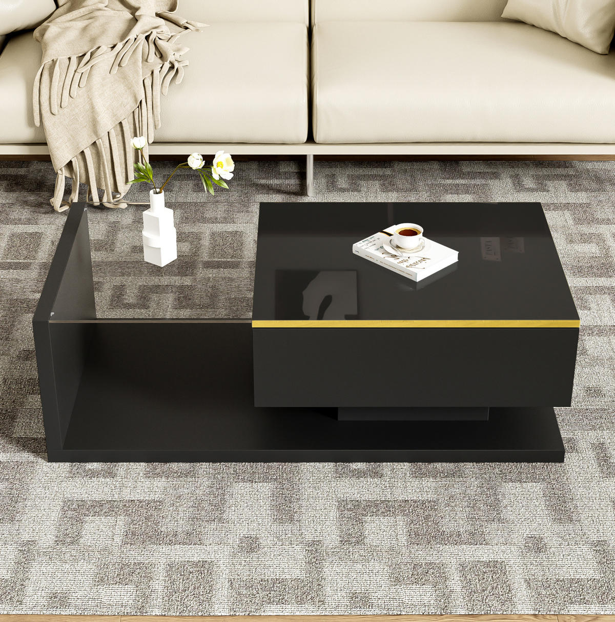 COUCHTISCH 100/50/32,5 cm in Hochglanz-Schwarz mit Glas und LED-Beleuchtung - Schwarz, Holzwerkstoff (100/50/32.5cm) - Flora Grace