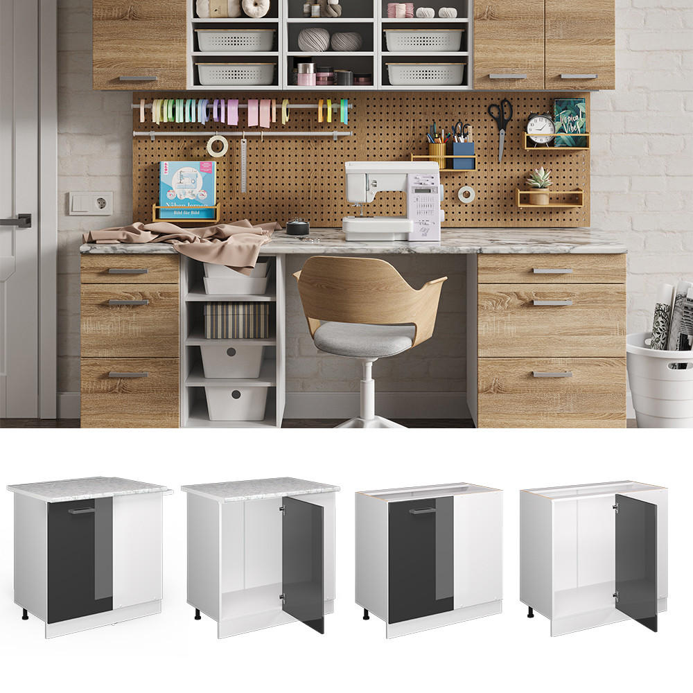 ECKSCHRANK FÜR HAUSRAT R-Line Anthrazit Hochglanz 86 cm mit Tür, mit Arbeitsplatte - Anthrazit/Weiß, Holzwerkstoff (86/81.6/60cm) - Vicco