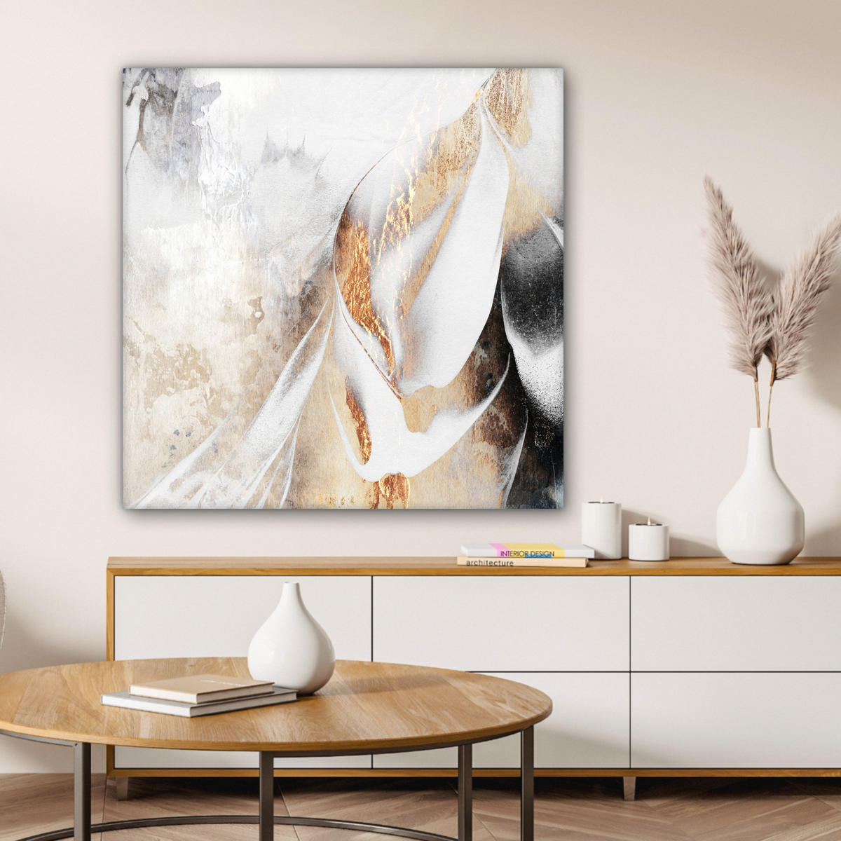 LEINWANDBILD Luxus - Abstrakt - Gold - Weiß 90x90 cm - Goldfarben, Textil (90/90cm) - MuchoWow