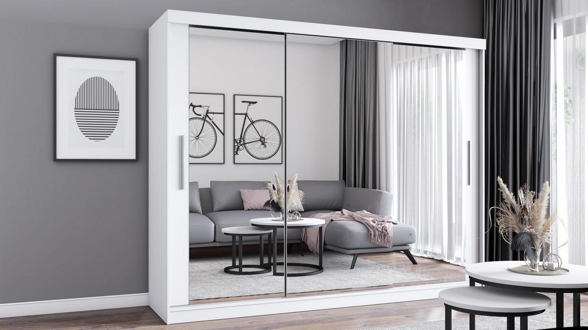 SCHIEBETÜRENSCHRANK - Milko 250 Weiß - Weiß, Holzwerkstoff/Metall (250/215/64cm) - Möblo