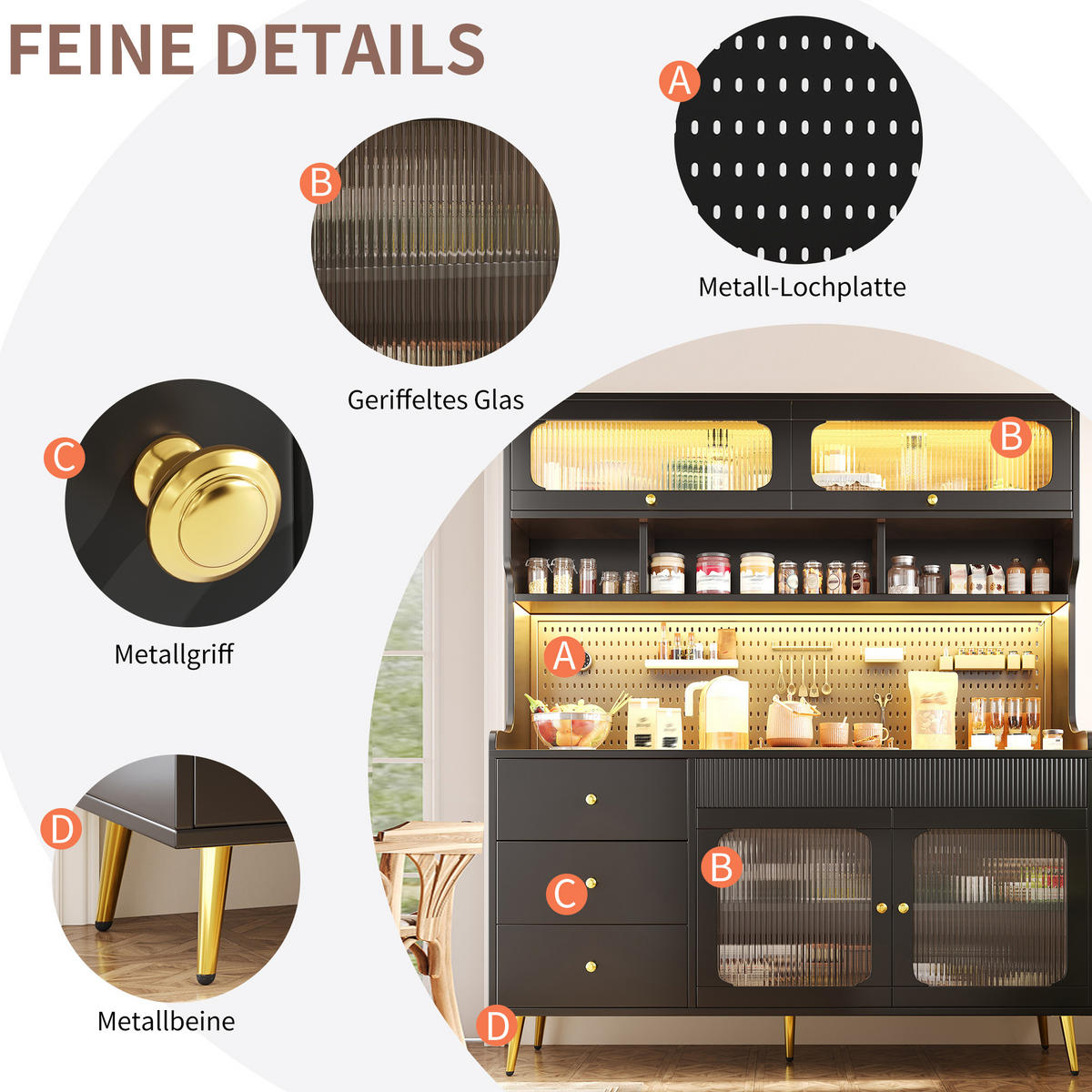 KÜCHENSCHRANK Schwarz mit LED & App-Steuerung, Lift-up-Glastüren & Lochwand - Schwarz, Holzwerkstoff (145/71/39cm) - Urban Meuble