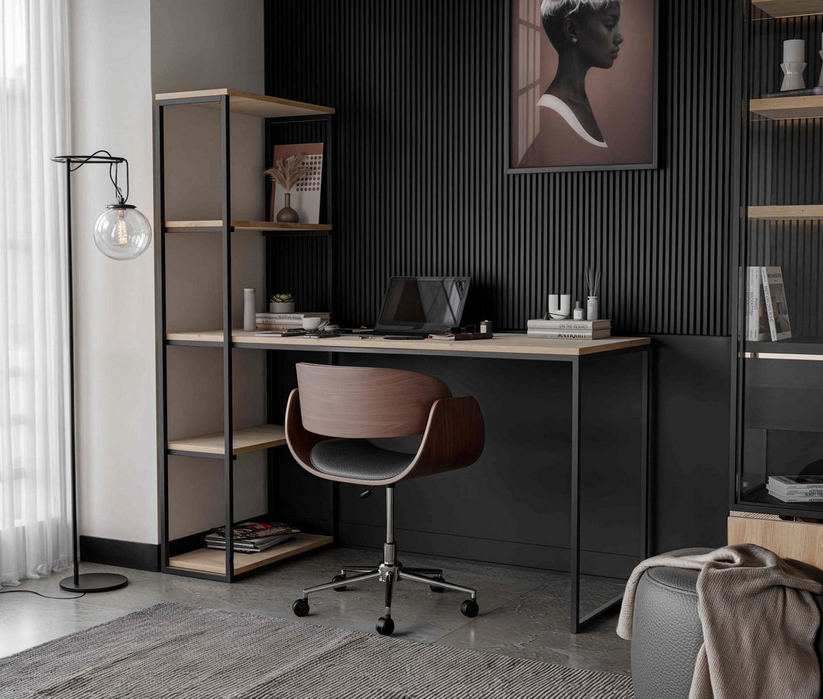 SCHREIBTISCH mit Seitenregal Eiche Artisan - Schwarz/Eiche Artisan, Holzwerkstoff (152/60/160cm) - Idohome