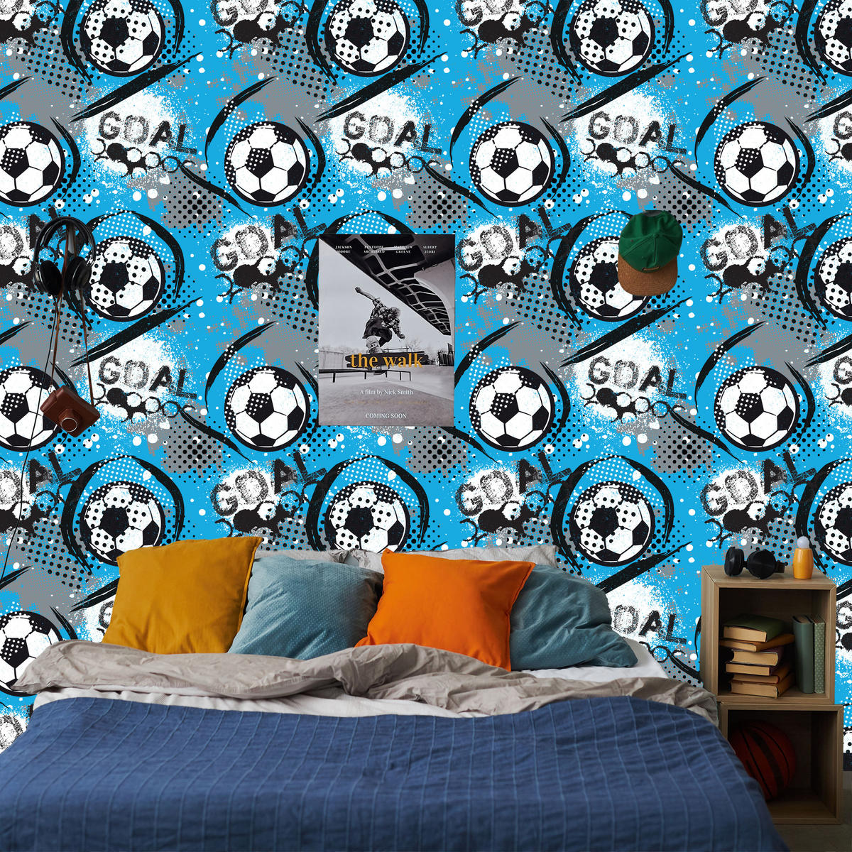 VLIESTAPETE Fußball-Comic – Blau, Schwarz, Weiß – 50x1000 cm - Blau/Schwarz, Papier (50/1000cm) - Muralo