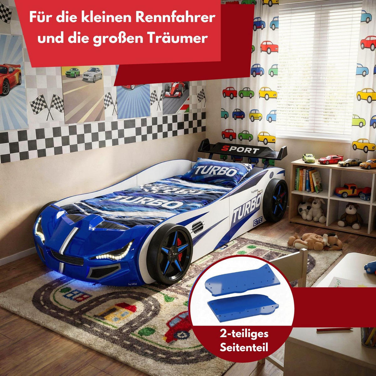 AUTOBETT GTE mit Rollrost, Licht und Sound Farbe Blau - Blau, Holzwerkstoff (90/200cm) - Coemo
