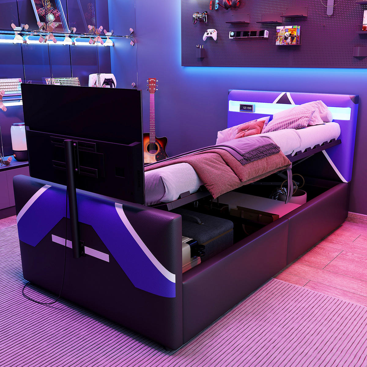 POLSTERBETT 90/200 cm Schwarz mit LED-Beleuchtung und TV-Halterung mit Stauraum - Blau/Schwarz, Kunststoff (90/200cm) - OKWISH