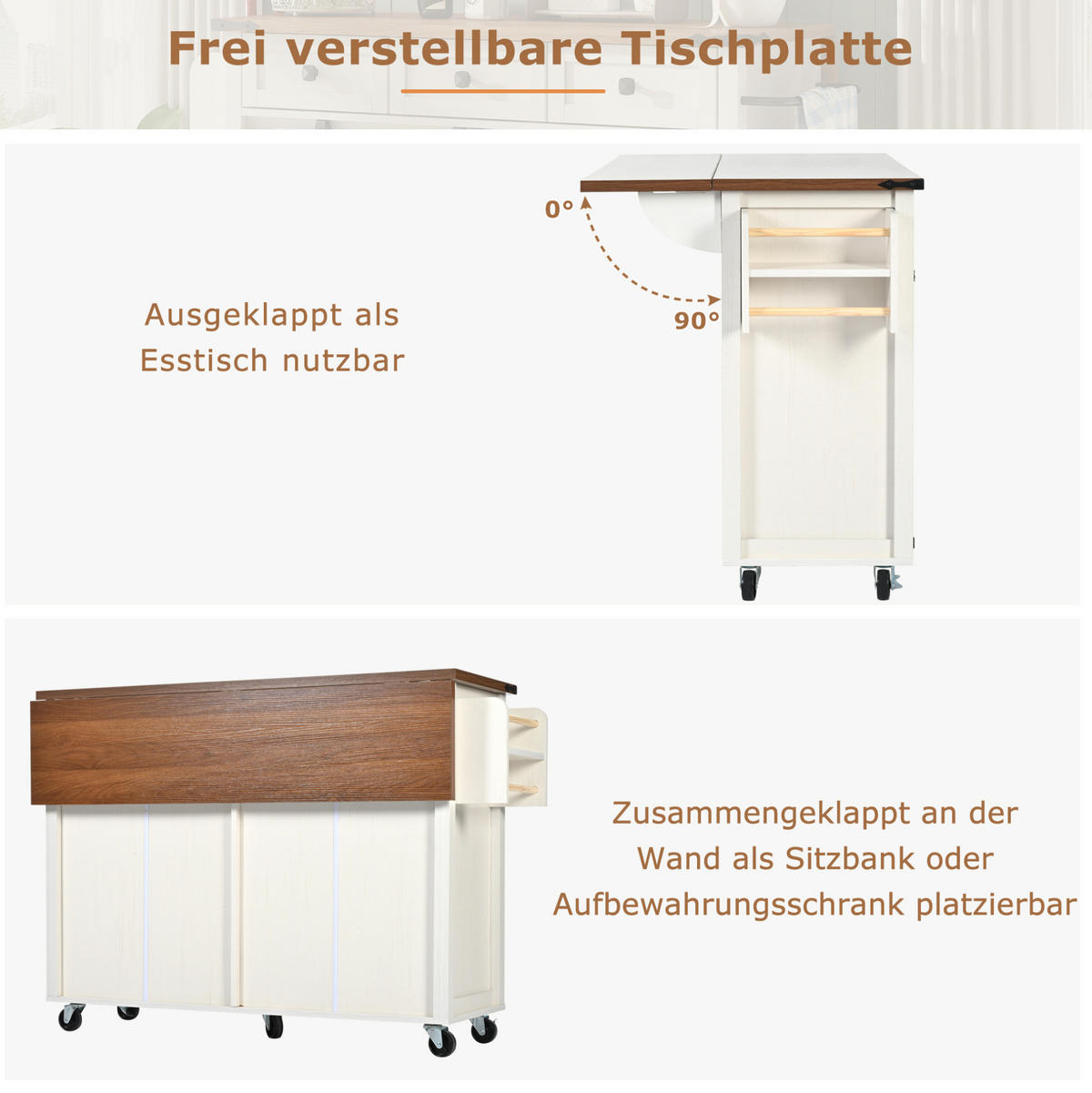 KÜCHENINSEL 140/45/90,5 cm weiß mit klappbarer Tischplatte - Weiß, Holzwerkstoff (140/93/72cm) - OKWISH