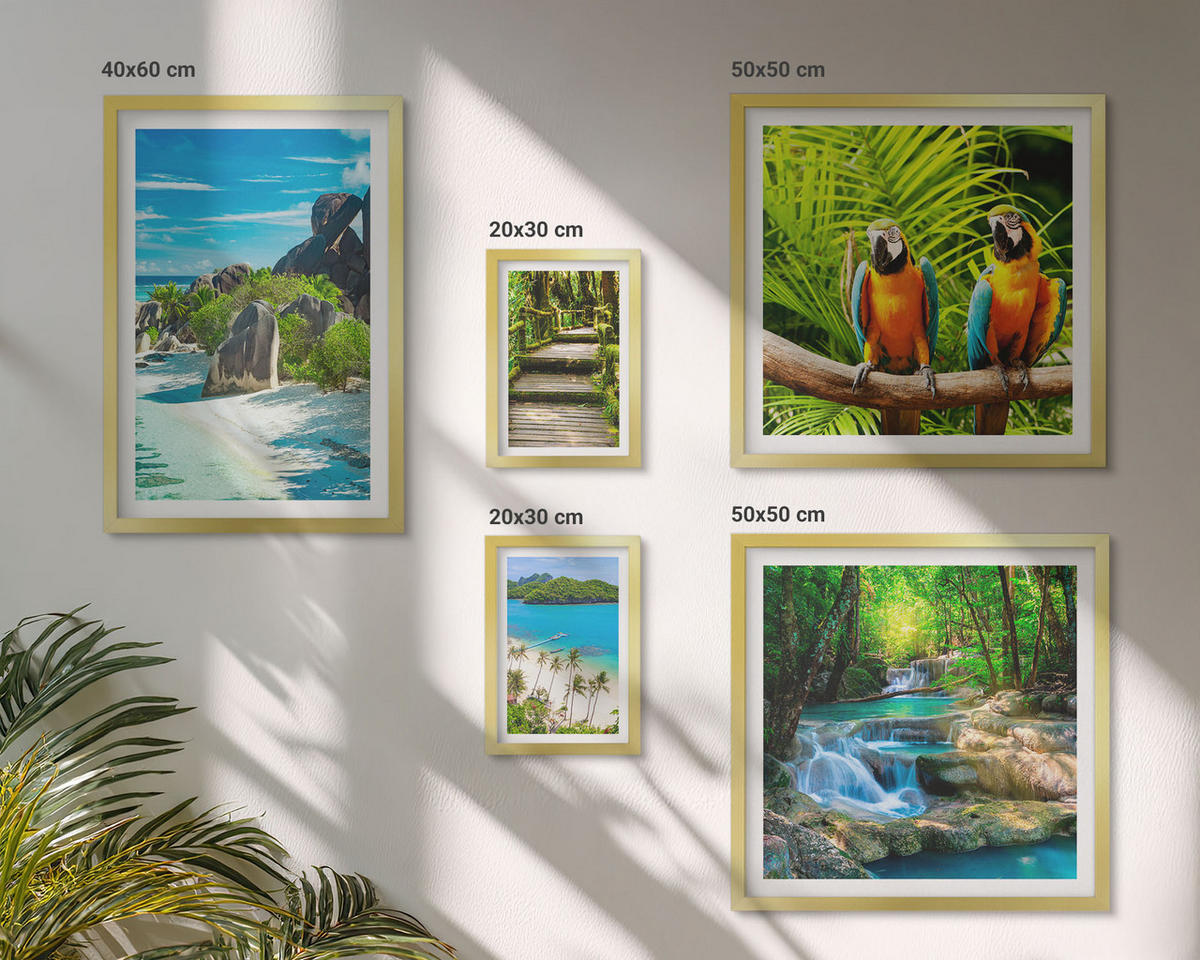 BILDER SET 5er Set - 50x50 cm & 20x30 cm & 40x60 cm Goldrahmen - Strand, Boot, Wasserfälle, Palmen - Goldfarben, Kunststoff (40/60cm) - TULUP