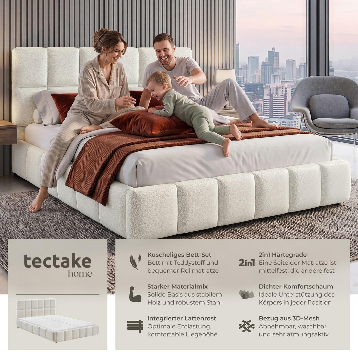 BETTSET , 250 kg Belastbarkeit, bodenschonende Kunststofffüße, Teddy creme - Creme, Holz (180/200cm) - tectake