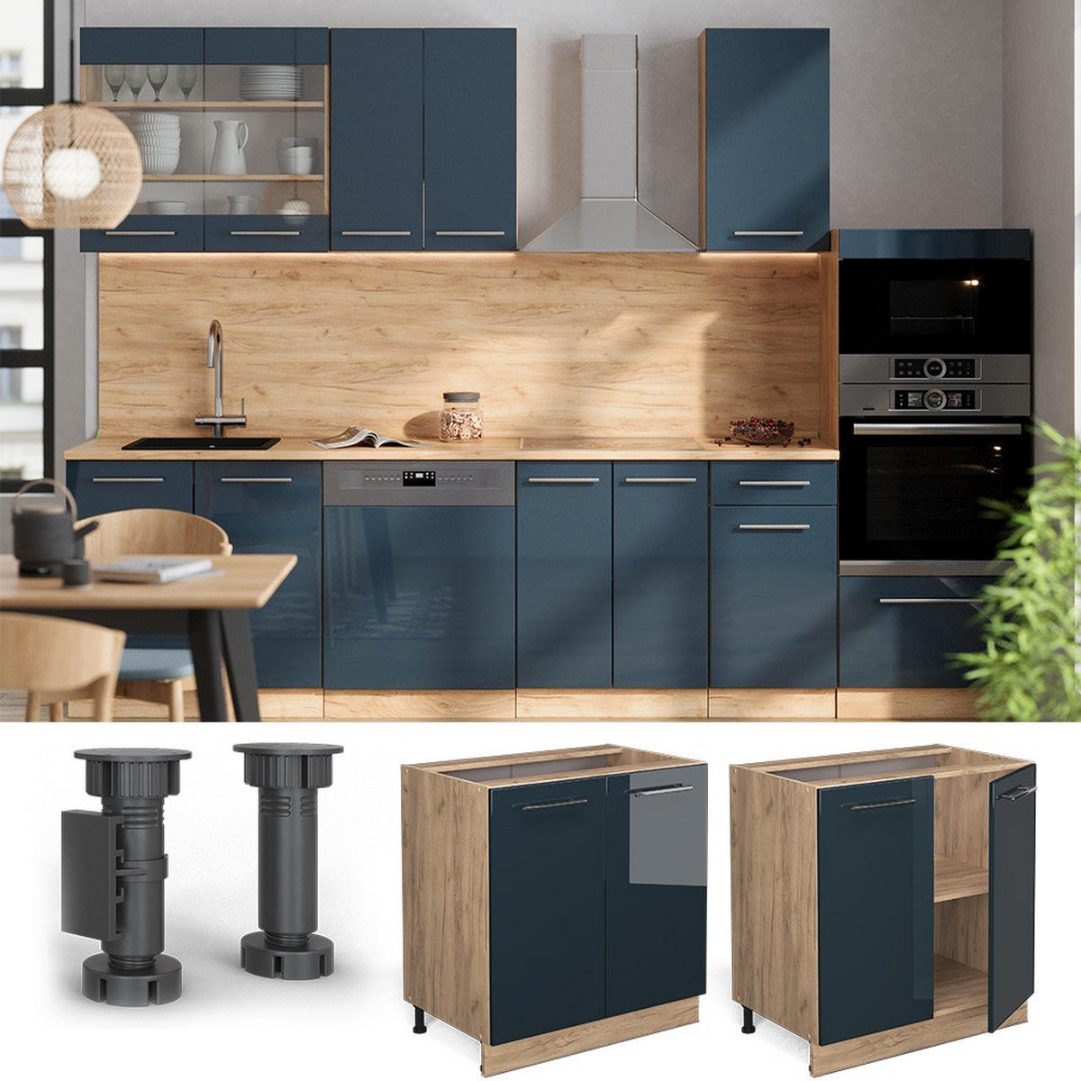 KÜCHENUNTERSCHRANK Fame-Line Dunkelblau Hochglanz 80 cm mit Regal, AP Marmor - Honigeiche/Dunkelblau, Holzwerkstoff (80/82/60cm) - Vicco