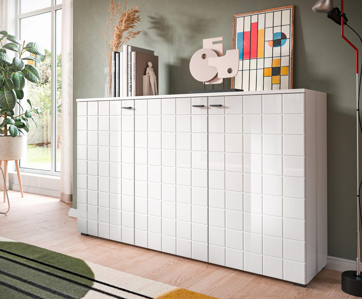 SIDEBOARD weiß Hochglanz 138 cm, Kommode 3-türig - Weiß Hochglanz/Schwarz, Holzwerkstoff/Kunststoff (138/86/37cm) - Inn.Furn