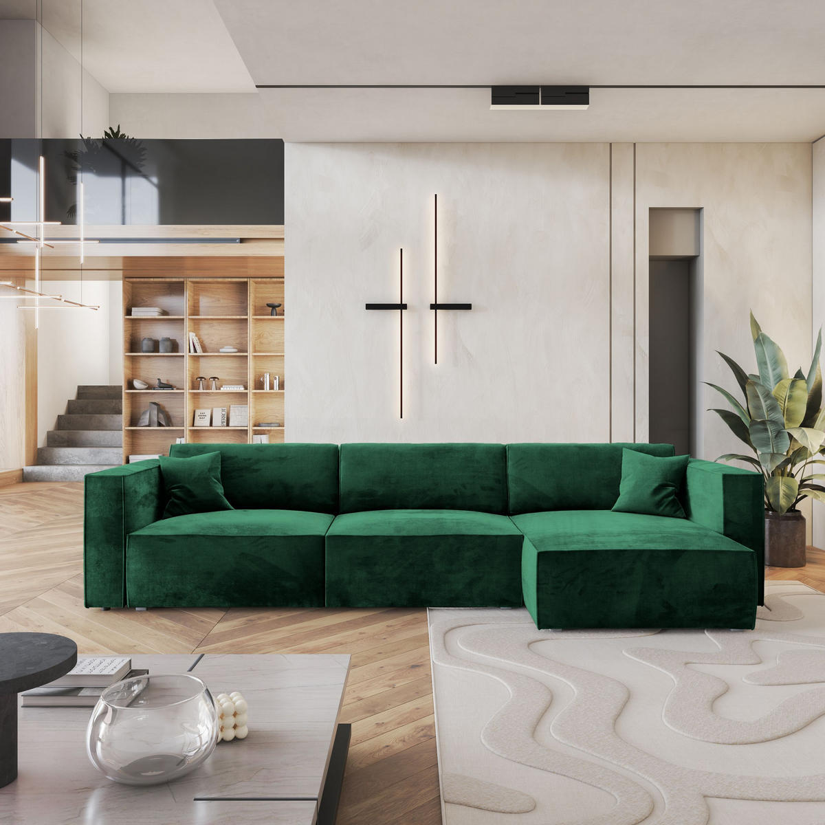 ROHOVÁ SEDAČKA TOLMO tmavě zelená - šedá/tmavě zelená, dřevo/textil (347/148cm) - MASSENO