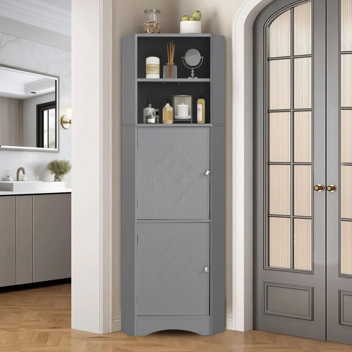 BADEZIMMERSCHRANK 36.5x36.5x155cm in Grau, wasserdicht & kippsicher - Grau, Holzwerkstoff (36.5/155/36.5cm) - Modfu
