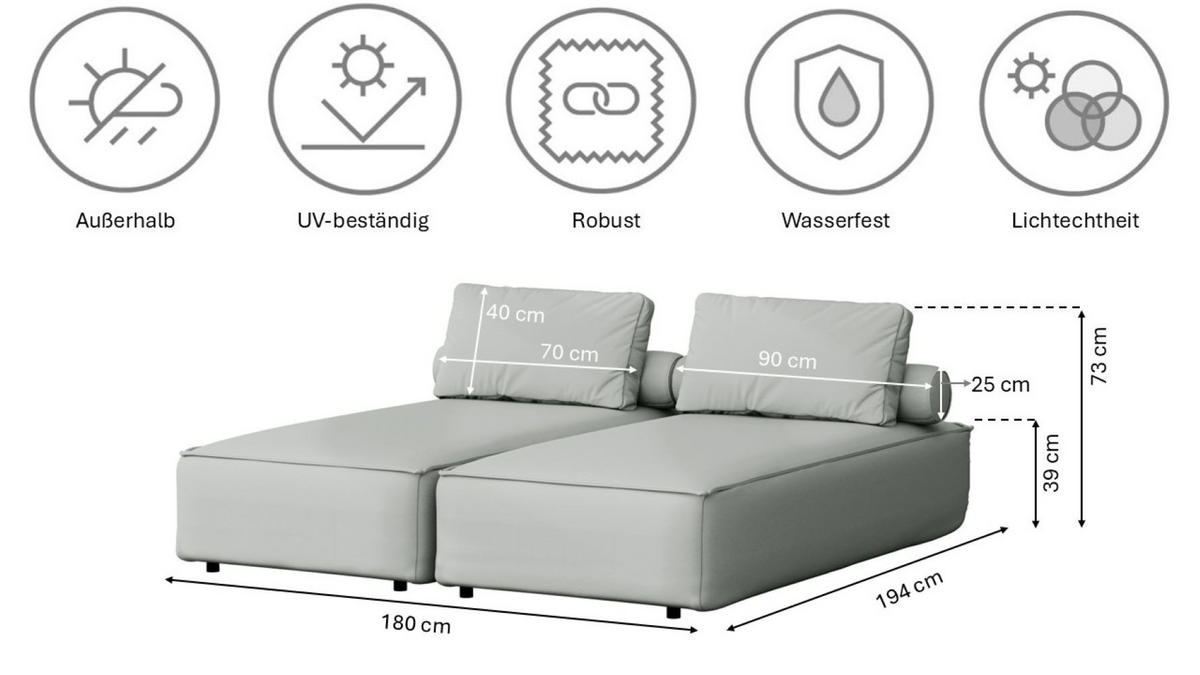 GARTENCHAISELONGUE Doppelter MALIBU Hellgrau - Hellgrau, Holz (180/73/194cm) - Kaiser Möbel