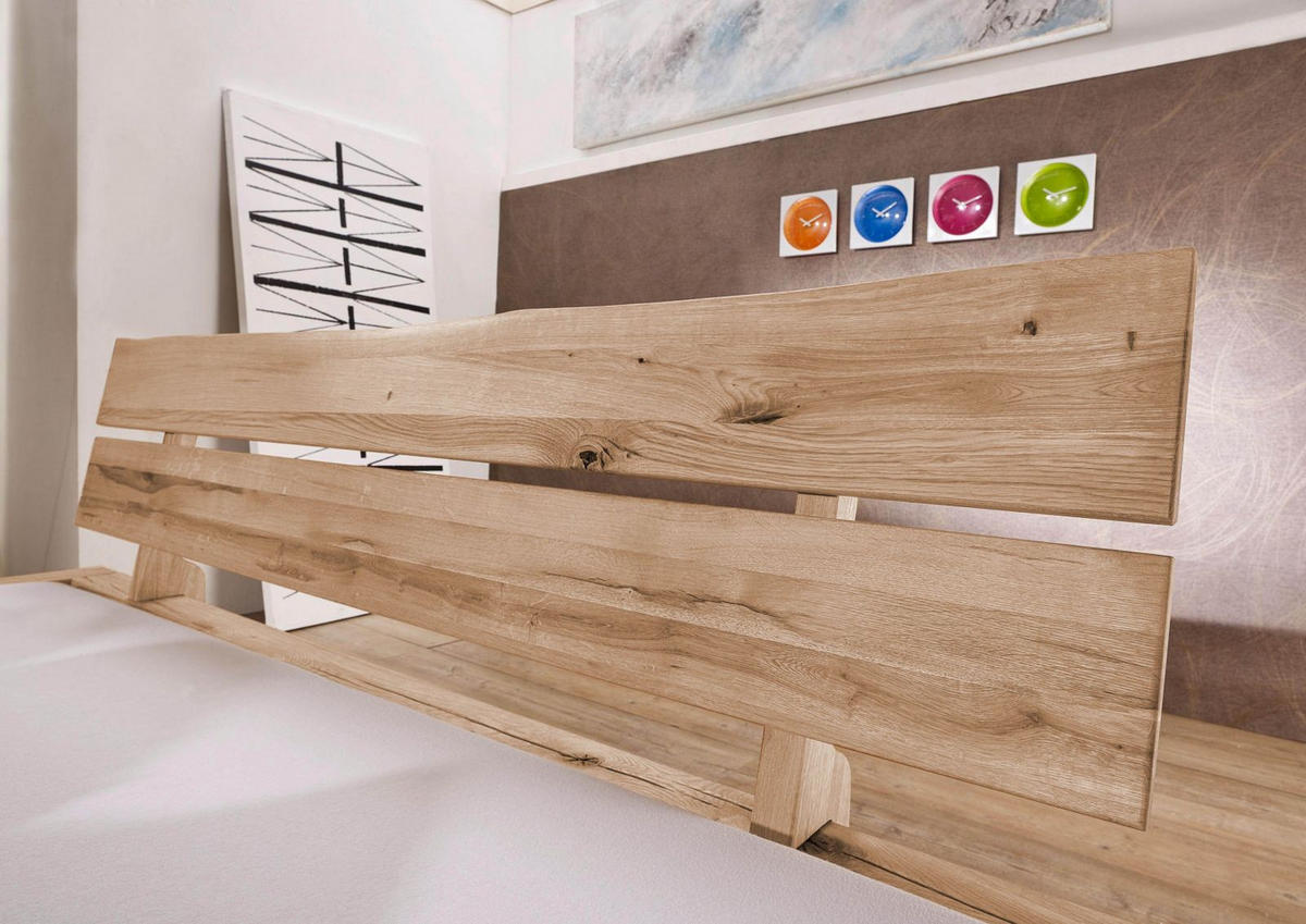 BALKENBETT Wildeiche 160x200 bianco geölt JANGALI #211 - Beige, Holz (160/200cm) - Massivmoebel24