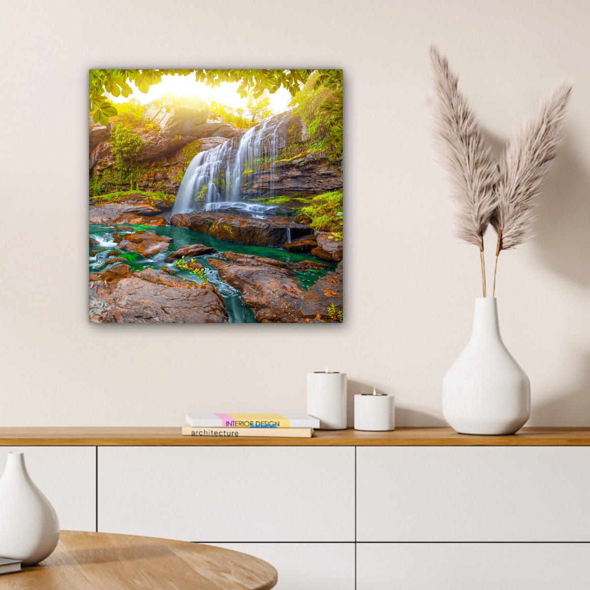 LEINWANDBILD Natur - Wasserfall - Pflanzen - Bäume - Sonne Wandbild Wohnzimmer 50x50 cm - Olivgrün, Textil (50/50cm) - MuchoWow