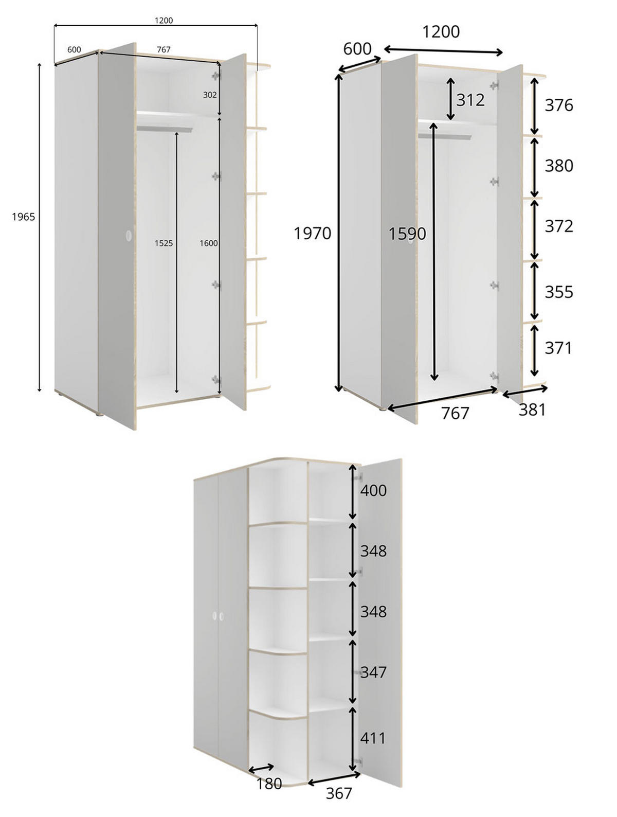 KLEIDERSCHRANK Pinio weiß, lichtgrau 120 / 60 / 196,5cm - Weiß/Grau, Holzwerkstoff/Kunststoff (120/196.5/60cm) - Feldmann-Wohnen