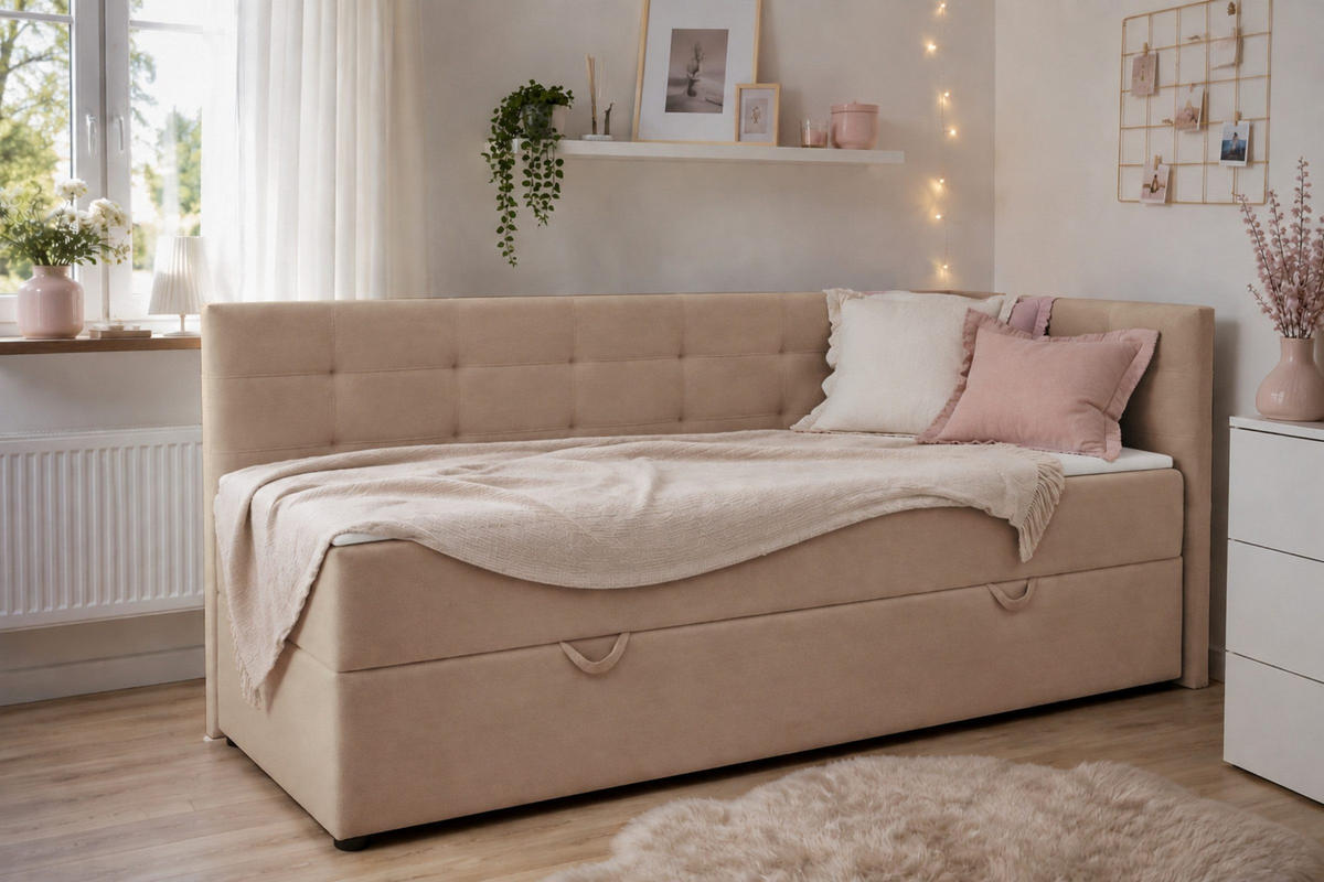 BOXBETT FAVIO 100/200 in Velours Beige H3 - Hellgrau, Holz/Holzwerkstoff (100/200cm) - Deine Möbel 24