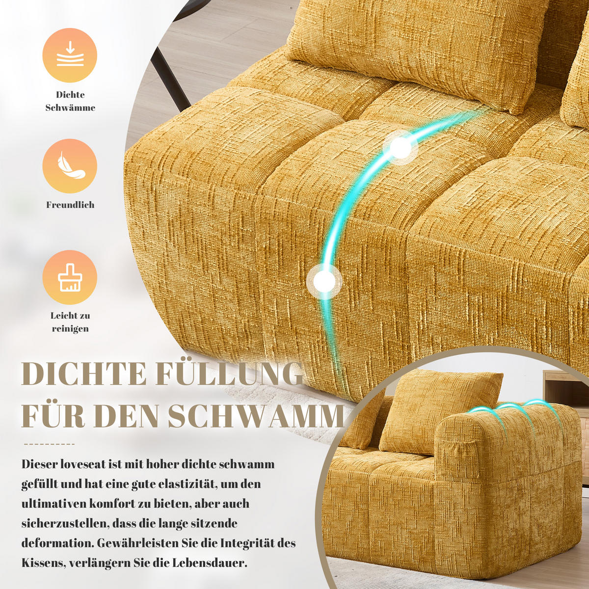 2-SITZER Sofa Chenille mit Chaiselongue und Seitentaschen 158/90/60 cm Gelb - Gelb, Textil (60/158/90cm) - Redom